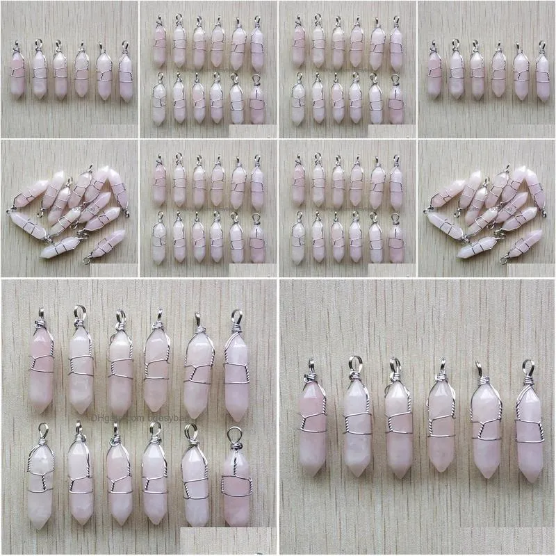 hexagonal natural stone charms pink rose quartz pillar shape point handmade iron wire pendant for jewelry making