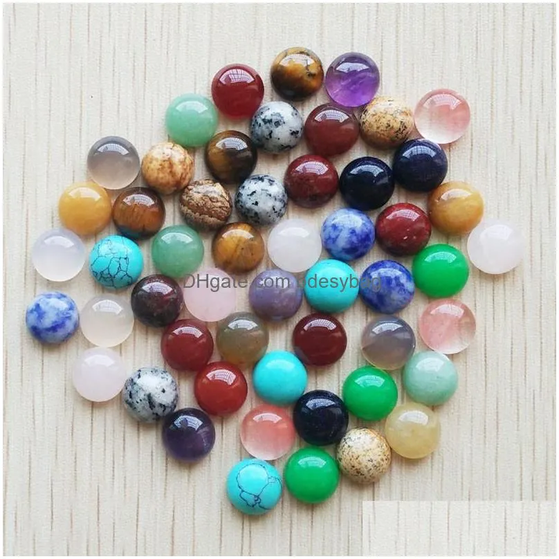 10mm mix natural stone flat base round cabochon pink cystal loose beads for necklace earrings jewelry clothes accessories making