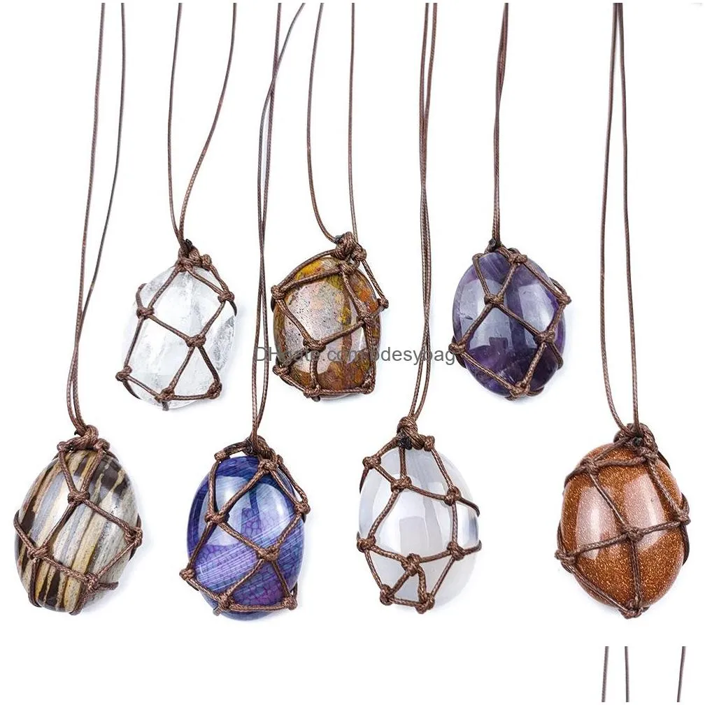healing knitting woven oval stone pendant blue white amethyst crystal quartz necklace rope chains for men women fashion jewelry