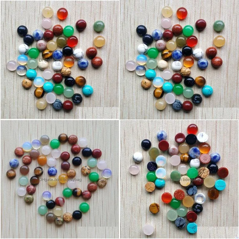 6mm assorted natural stone flat base round cabochon green pink cystal loose beads for necklace earrings jewelry clothes accessories making