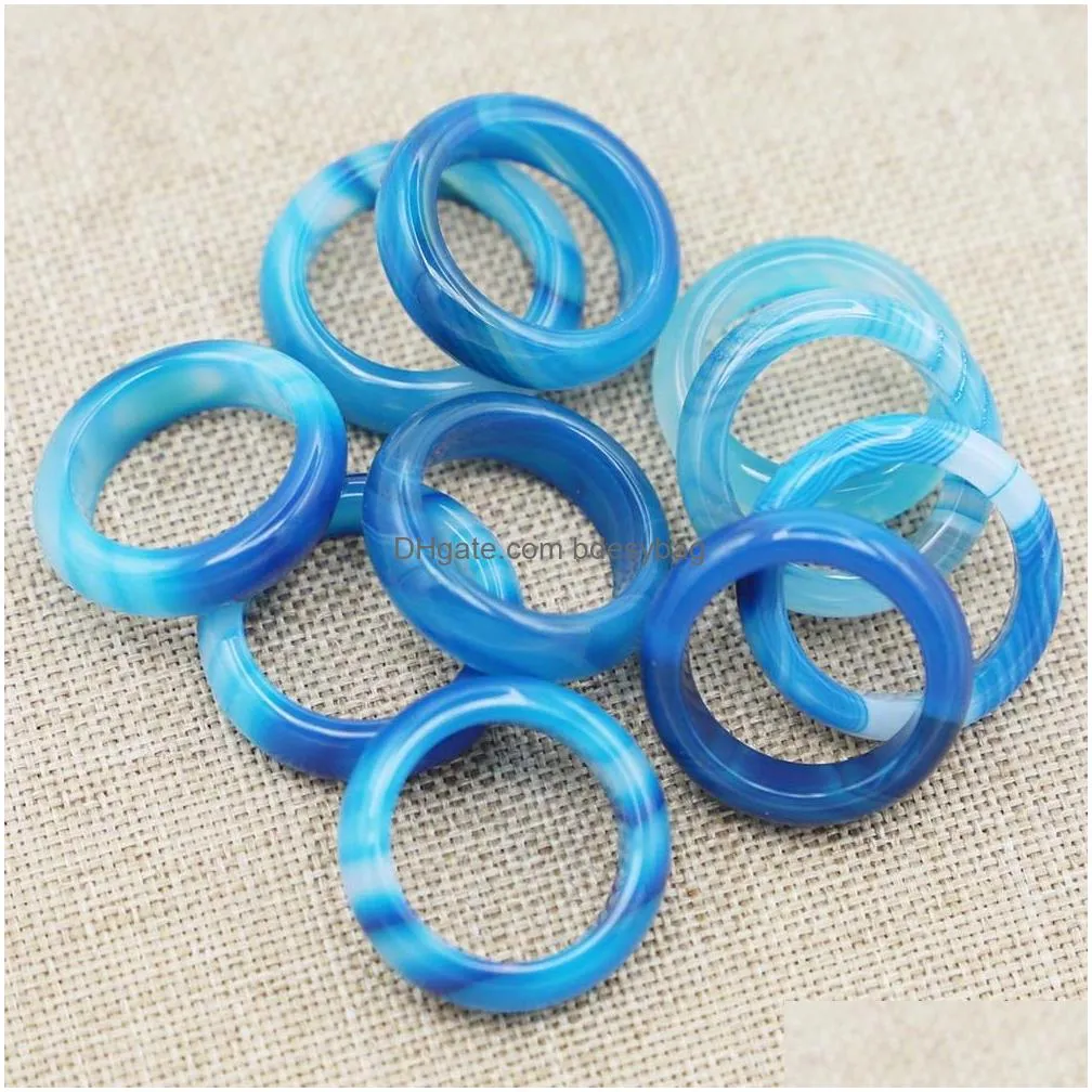 6mm band blue stripe agate stone rings women wedding finger ring size 17mm