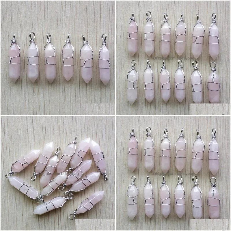 hexagonal natural stone charms pink rose quartz pillar shape point handmade iron wire pendant for jewelry making