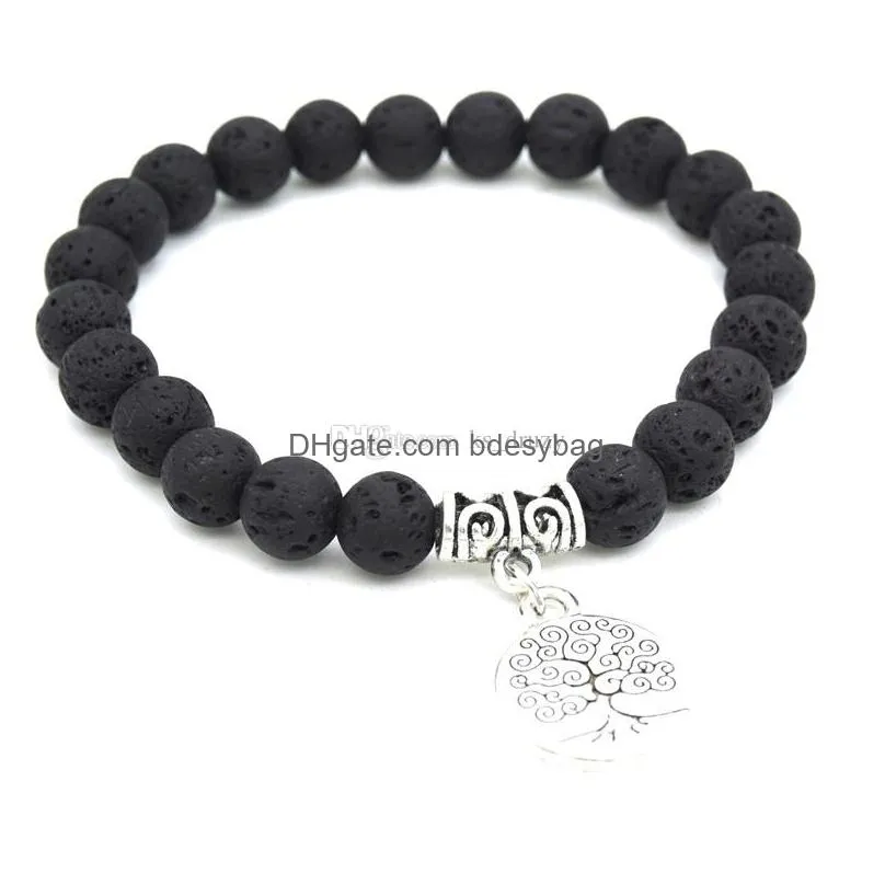 tree of life charms 8mm black lava stone beaded bracelet essential oil diffuser bracelet volcanic rock hand strings mki