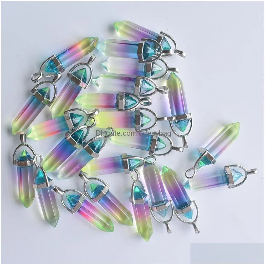 fashion hexagon glass colorfull pillar point charm pendant for jewelry pendants making wholesale mki