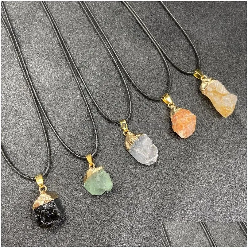 healing irregular crystal rough stone pendant rope black chain for women men pendants necklace craft gift