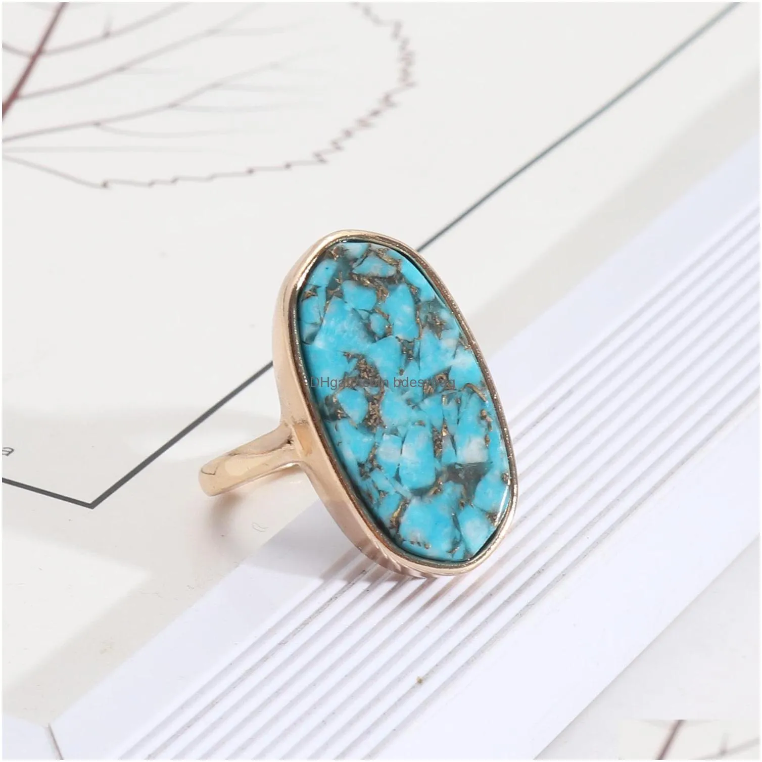 fashion oval hexagon turquoise kallaite healing crystal ring blue stone geometric gold plated finger rings for women jewelry gift
