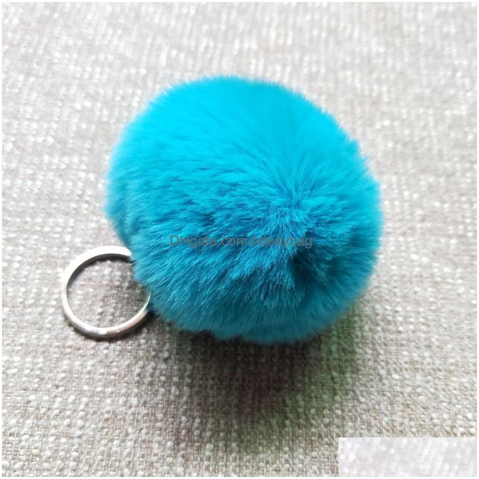 fluffy pom pom keychain soft faux rex rabbit fur ball car key rings pompom plush keychains silver keys holder women bag pendant