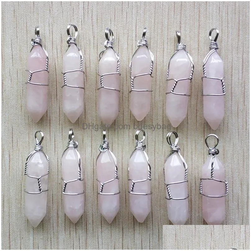 hexagonal natural stone charms pink rose quartz pillar shape point handmade iron wire pendant for jewelry making