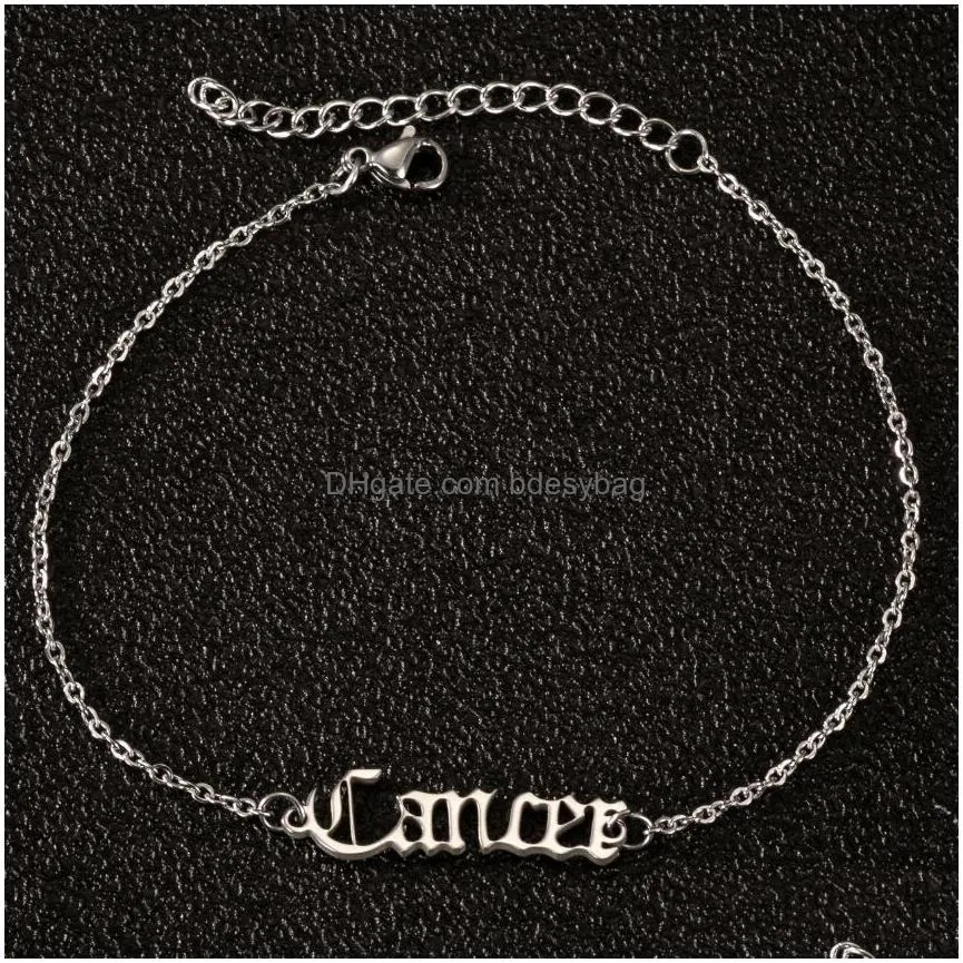 wholesale zodiac sign punk charm anklets 12 constellation classic letter ankle bracelet stainless steel jewelry women gift