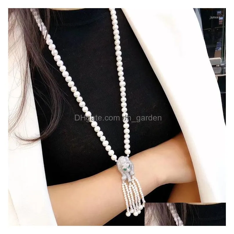 chains white 89mm natural freshwater pearl jewelry sweater chain necklace leopard head inlay zircon 56mm tassel