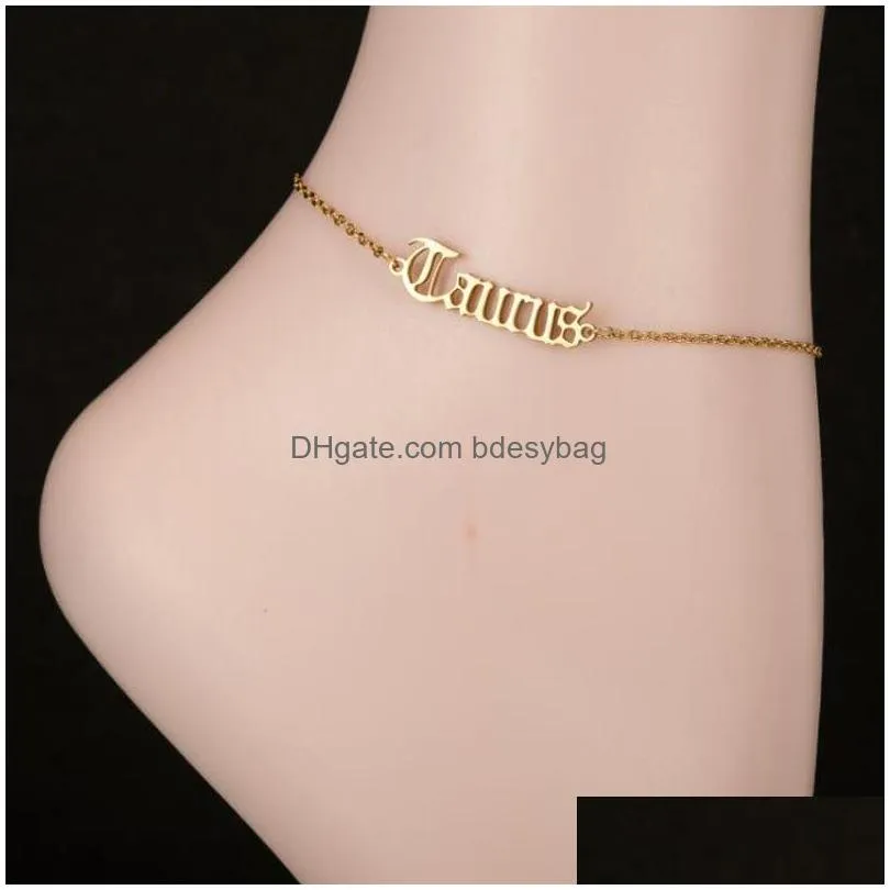 wholesale zodiac sign punk charm anklets 12 constellation classic letter ankle bracelet stainless steel jewelry women gift
