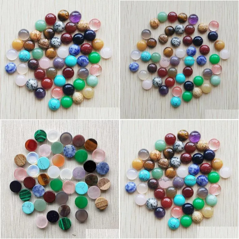 10mm mix natural stone flat base round cabochon pink cystal loose beads for necklace earrings jewelry clothes accessories making