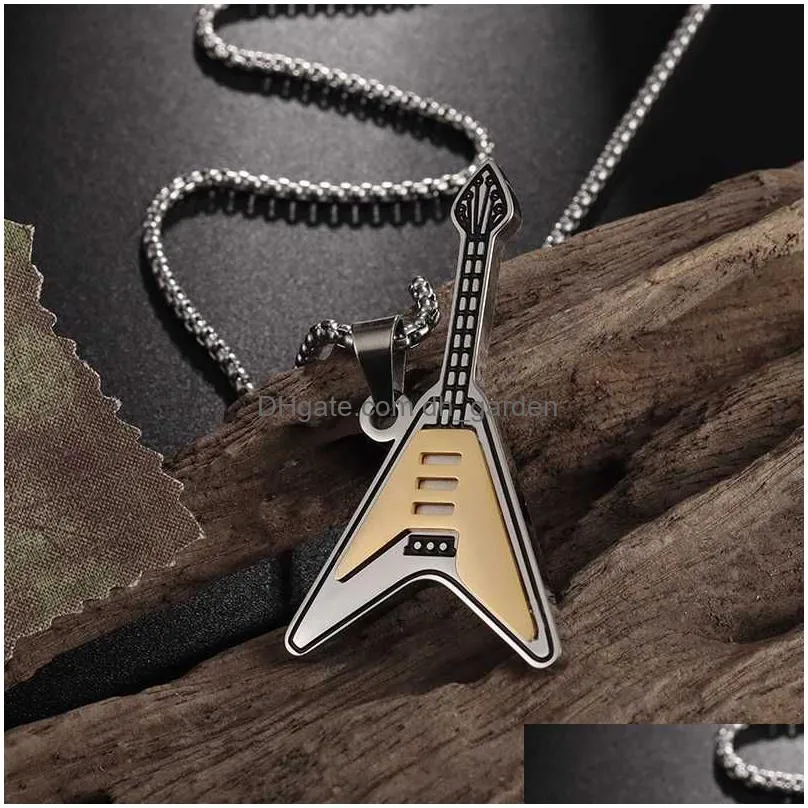 pendant necklaces fashion exquisite simple stainless steel electric guitar necklace men women casual street bassist rock banquet