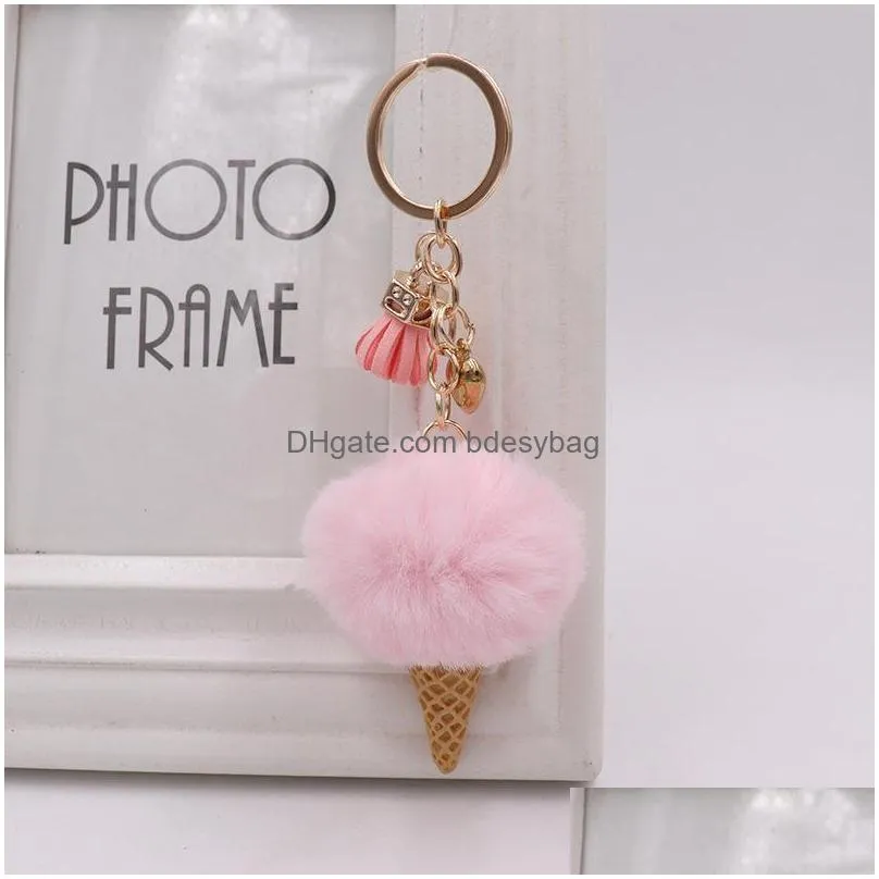 ice cream keychain cute bag cartoon key rings imitation rex rabbit fur plush pendant cone car hair ball bag accessories keychains