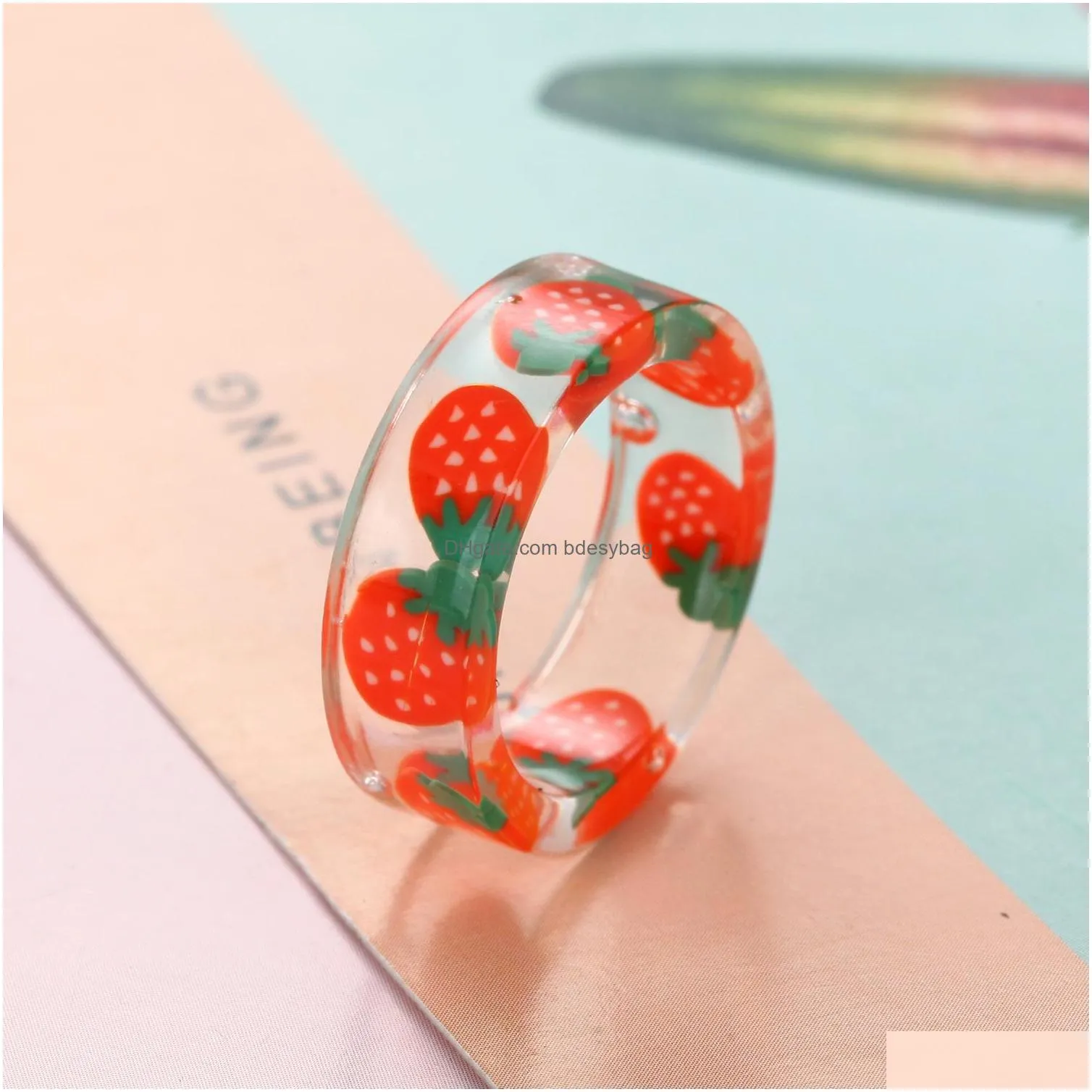 fruit pattern resin acrylic chunky ring for women colourful rings jewelry gifts mki