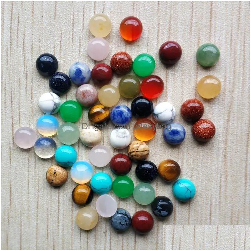 6mm assorted natural stone flat base round cabochon green pink cystal loose beads for necklace earrings jewelry clothes accessories making