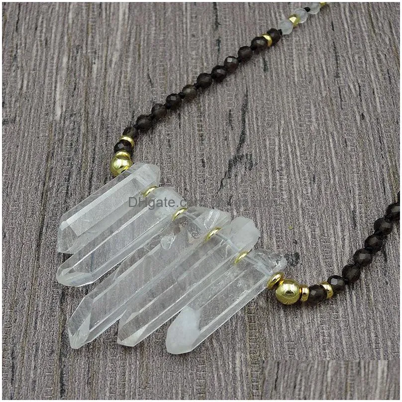 pendant necklaces 5 gradual natural clear crystal point 4mm smoke quartz round beads knot handmade 30inch 40inch