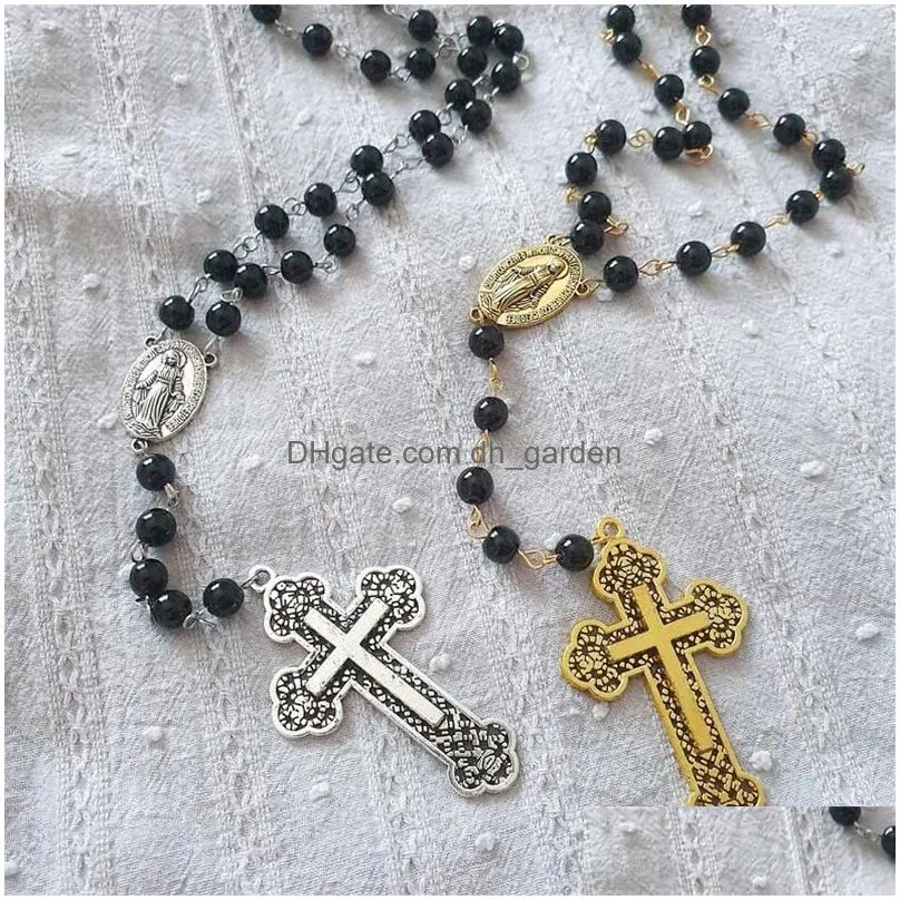 pendant necklaces antique cross rosary necklace handbeaded charm style long 2023 fashion statement women gift