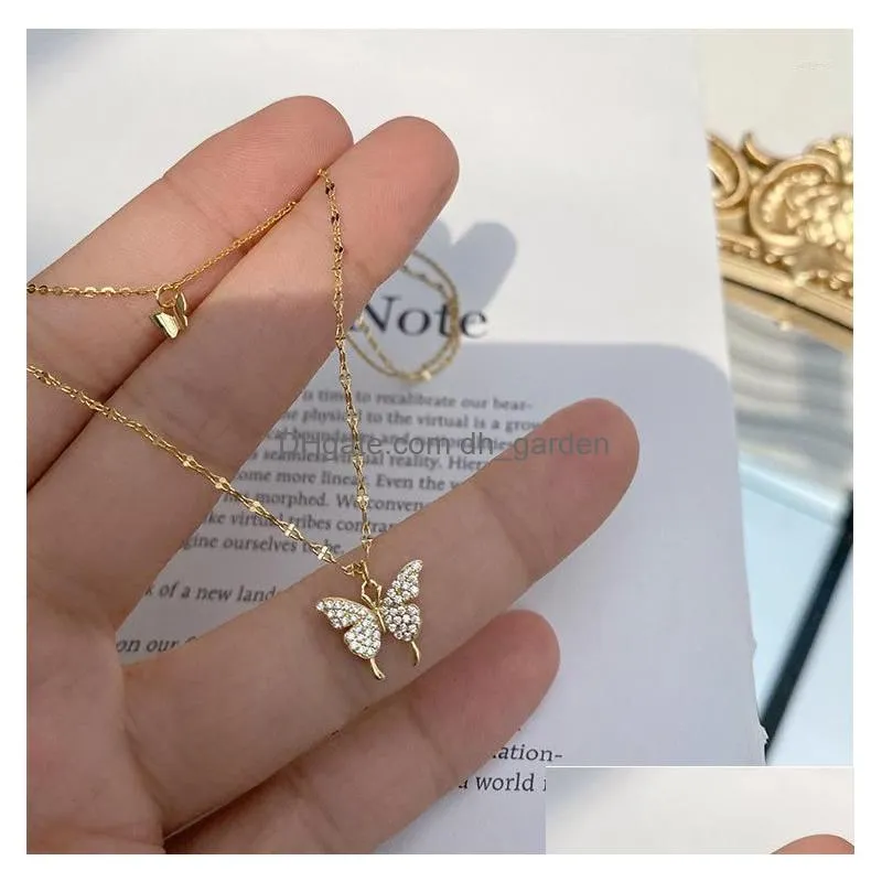 pendant necklaces women butterfly rhinestone necklace wedding party jewelry gift fashion exquisite double layer chain