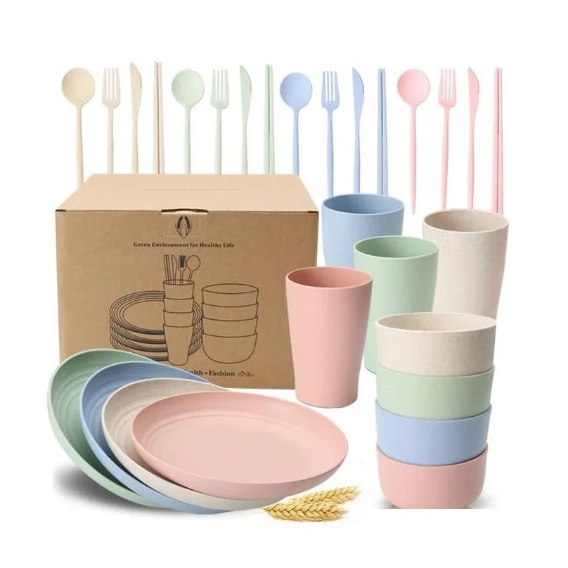 dinnerware sets 28 pcs reusable family wheat straw tableware kitchen tools