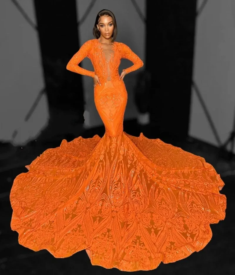 Maxi Orange Prom Dress For Black Girl Sequin African Women Pageant Party Gowns Long Sleeve Vestido De Graduacion