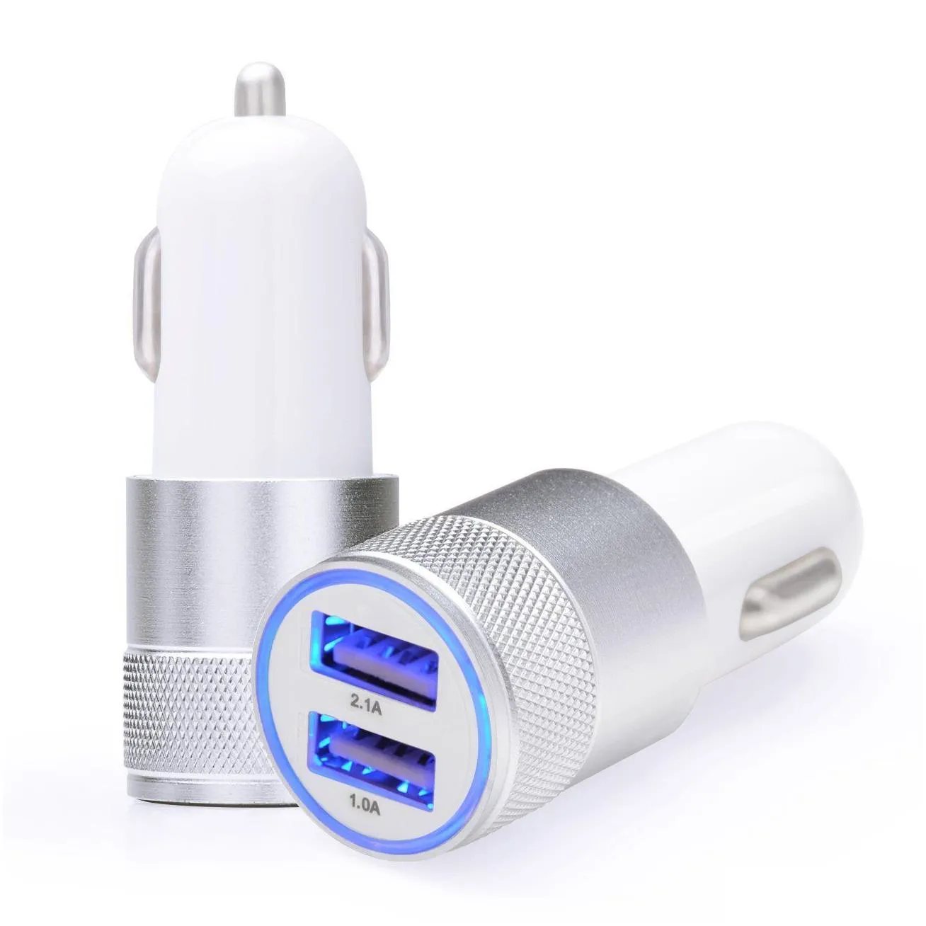 metal 2 ports car  2.1a add1a auto power adapter colorful micro usb plug for samsung iphone 12 13 gps mp3 s8 s9 android phone with opp