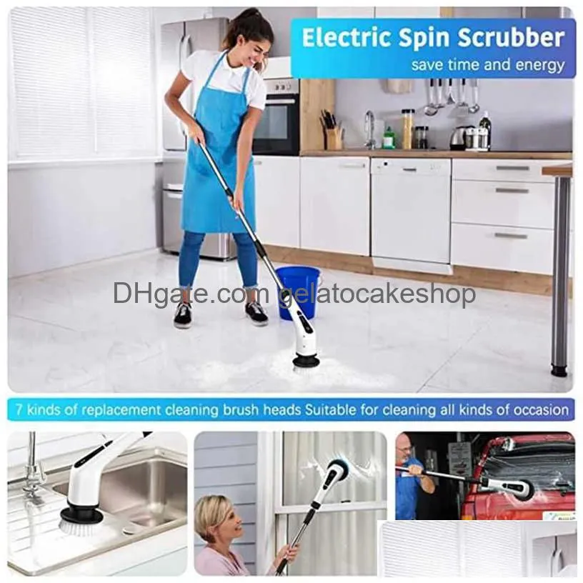 electric spin scrubber cleaning turbo scrub brush with 7 replacement brush heads adjustable handle kitchen bathroom clean tools