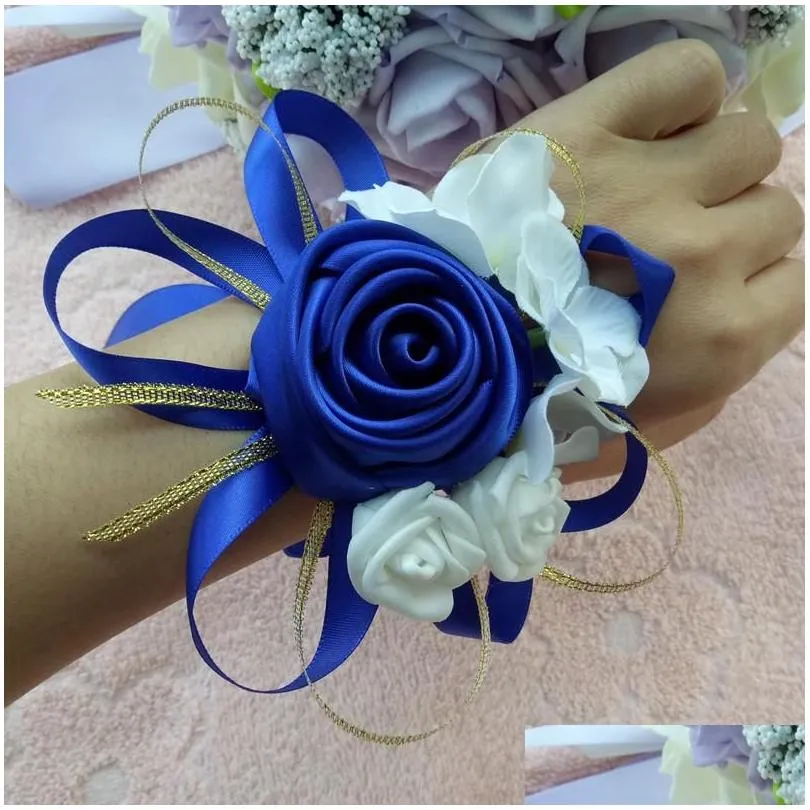 handmade 10 pces/lot bridal wedding wrist corsage bridesmaids sister hand flowers white blue silver decoration decorative 