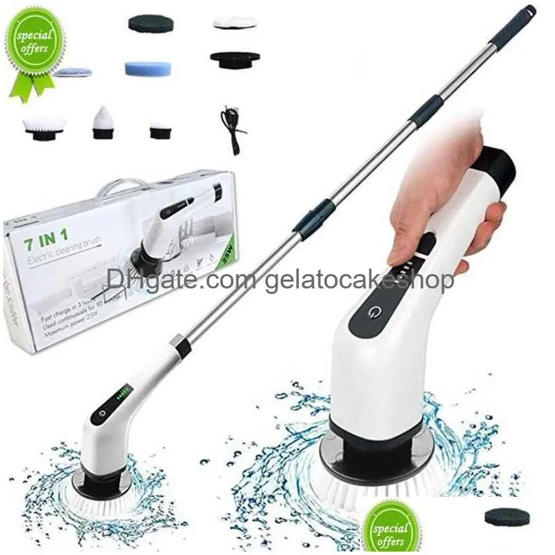 electric spin scrubber cleaning turbo scrub brush with 7 replacement brush heads adjustable handle kitchen bathroom clean tools