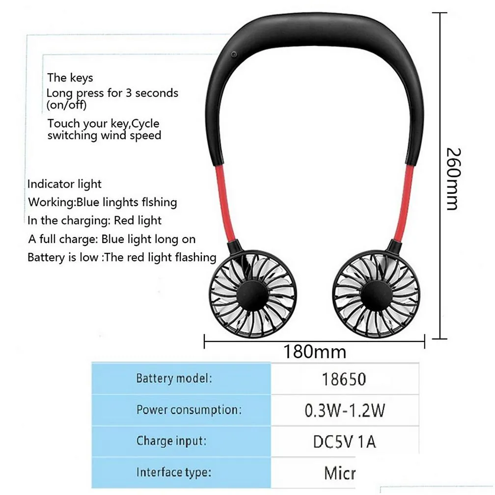 portable usb rechargeable neckband lazy neck hanging dual cooling mini fan sport 360 degree rotating fan for home office