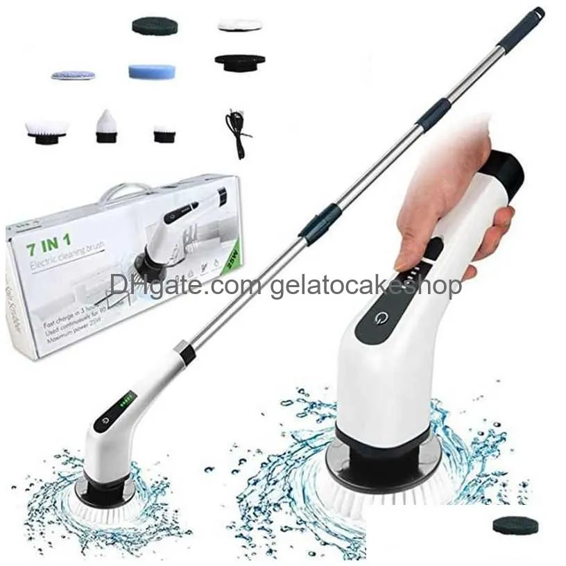 electric spin scrubber cleaning turbo scrub brush with 7 replacement brush heads adjustable handle kitchen bathroom clean tools