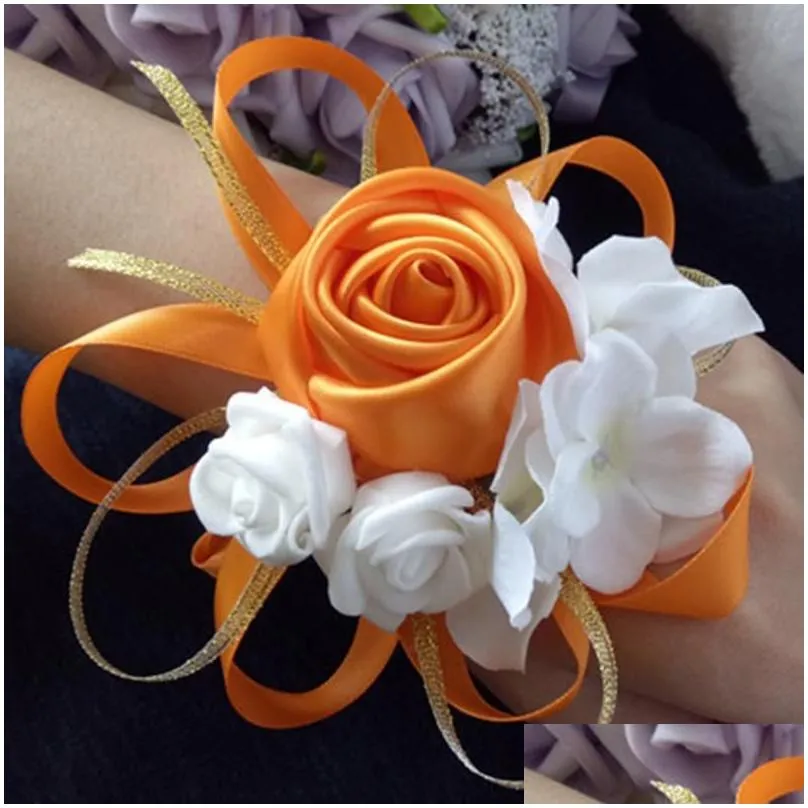 pces/lot wedding wrist corsage high quality bride bridesmaids hand flowers yellow orange decorative wreaths