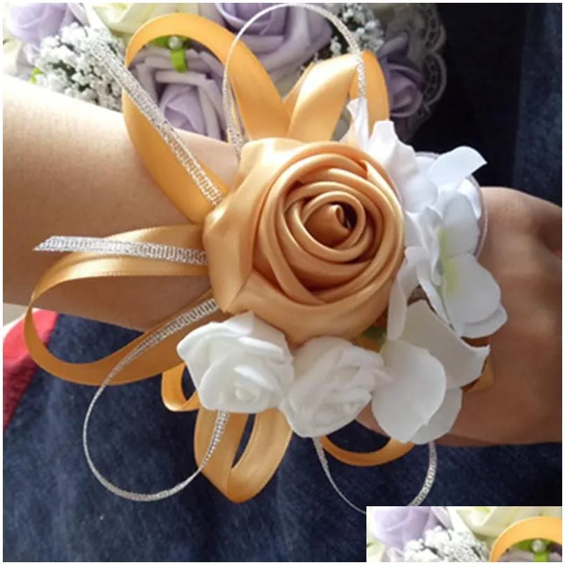 pces/lot wedding wrist corsage high quality bride bridesmaids hand flowers yellow orange decorative wreaths