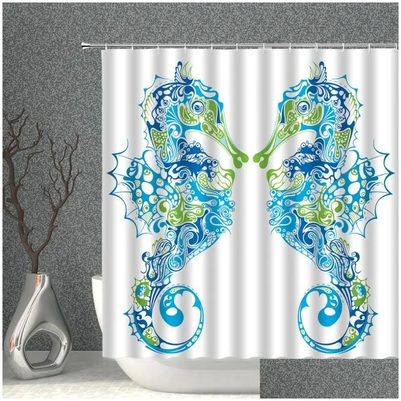 shower curtains cartoon fish curtain set boho seahorse shell ocean waterproof fabric bathroom blue bath screen bathtub decor