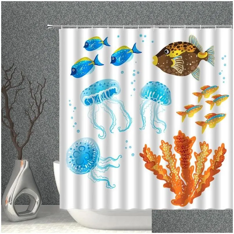 shower curtains cartoon fish curtain set boho seahorse shell ocean waterproof fabric bathroom blue bath screen bathtub decor