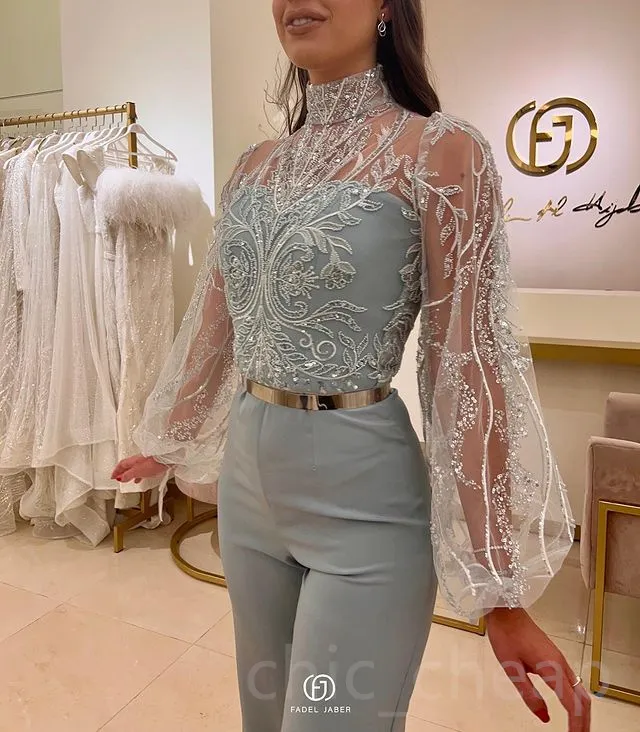 2023 April Aso Ebi Lace Jumpsuits Prom Dress Beaded Satin Evening Formal Party Second Reception Birthday Engagement Gowns Dress Robe De Soiree ZJ672