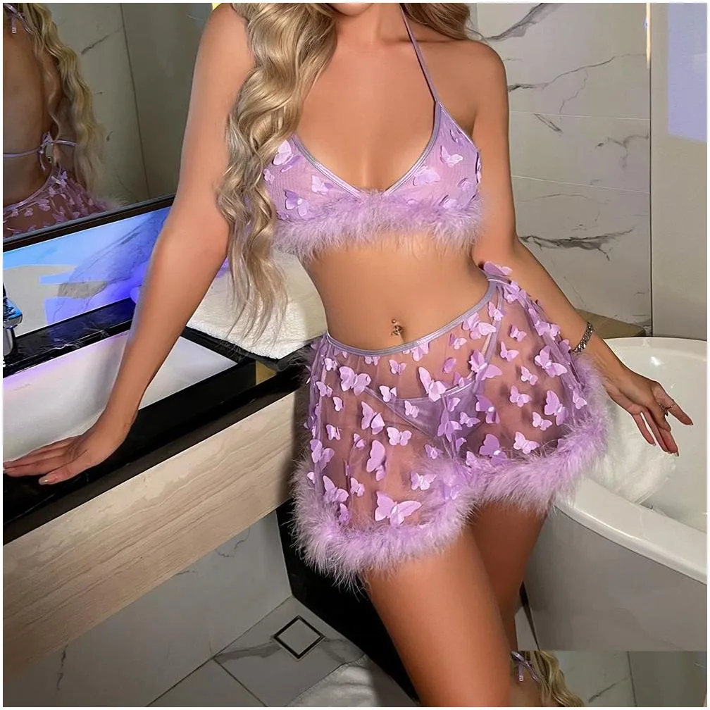 bras sets feather lingerie butterfly underwear women transparent sexy without feeling purple thongs 3pieces fancy lace intimate