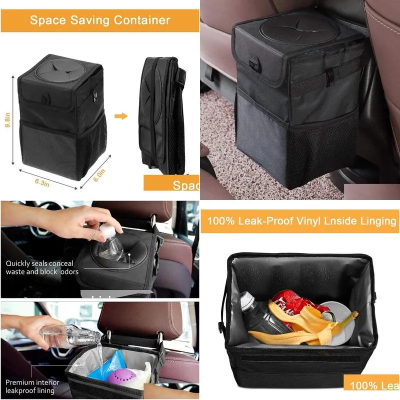 car trash garbage bag can car trash can with lid and storage pockets leakproof vinyl