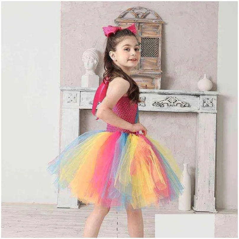 jojo siwa tutu dress with hair bow rainbow girls princess dress kids tutu dresses girls holiday birthday party costume gifts g1215