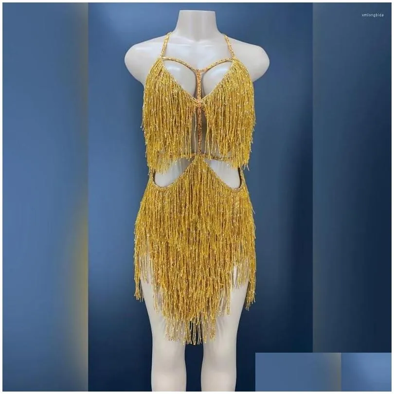 stage wear gold fringes dance costume party outfit tassel bodysuit evening birthday show gogo performance dress