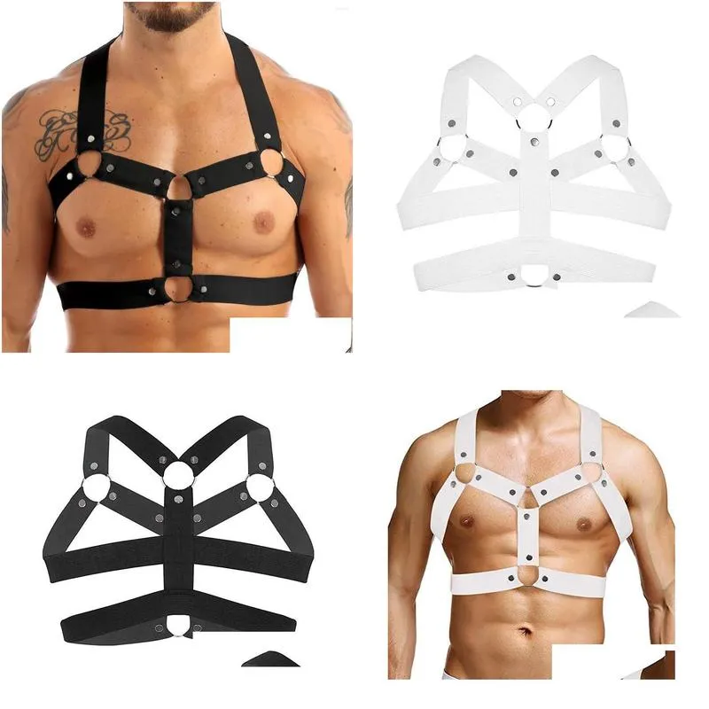 catsuit costumes sexy men elastic shoulder strap chest muscle harness belt with metal orings and studs fancy club party costume