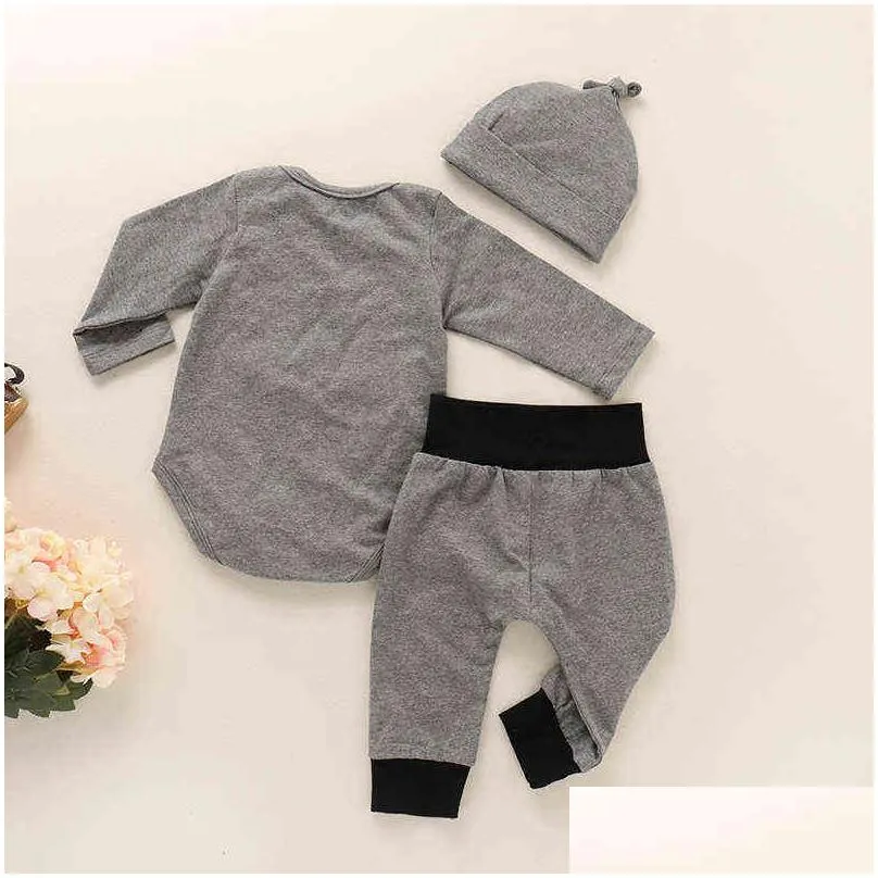  born baby romper sets 3pcs hat gray boy baby playsuit long sleeve infan clothing bebe bodysuit climbing sets cotton clothes g1028