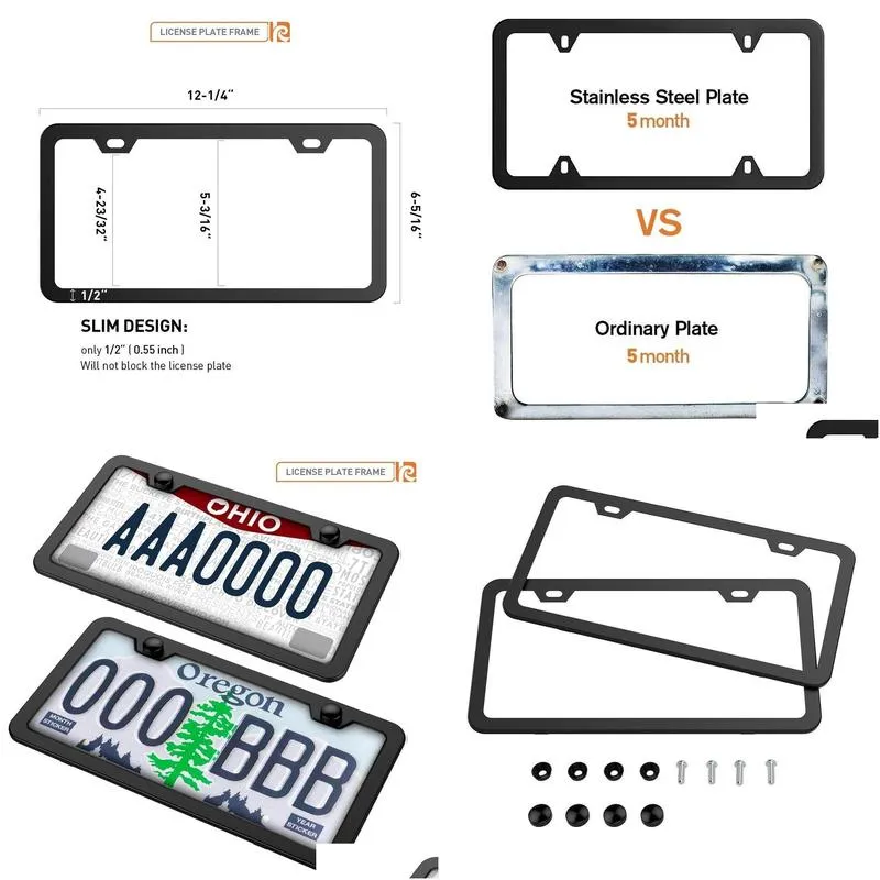 black license frames 2 pcs stainless steel car licence plate covers slim design with bolts washer caps for us standard