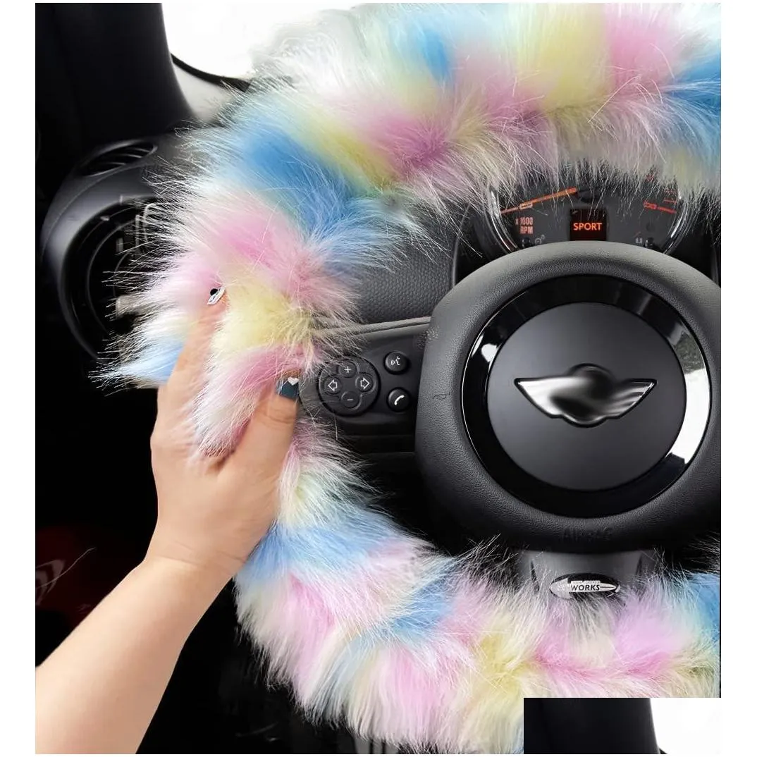 fuzzy steering wheel cover for women girl cute fluffy steering wheel cover with handbrake gear shift fur plush nonslip fox fur furry