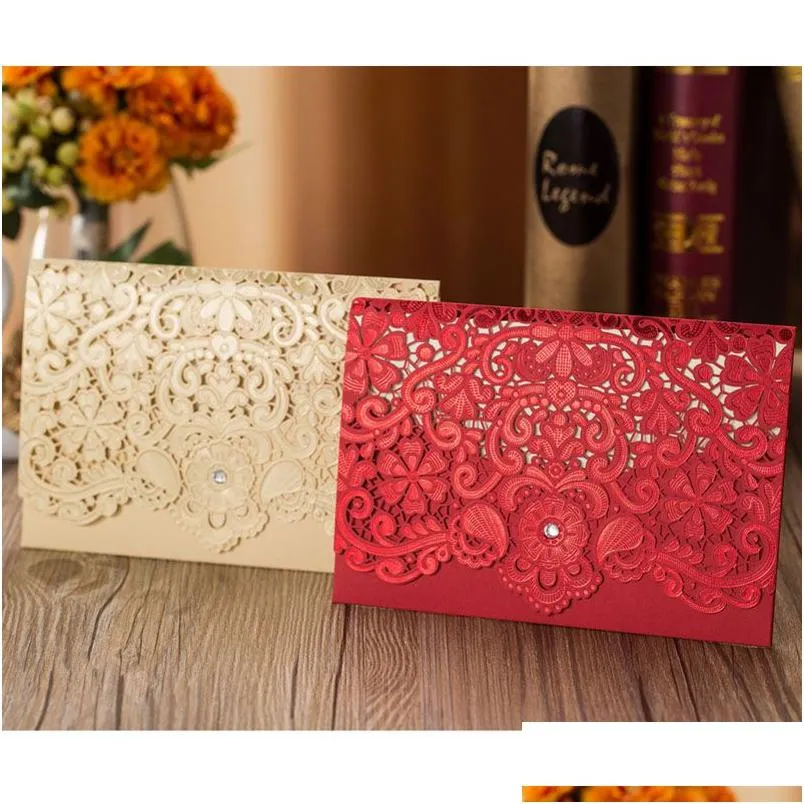 100pcs red gold laser cut diamond wedding invitations card elegant greeting card customize wedding favor event party decoration