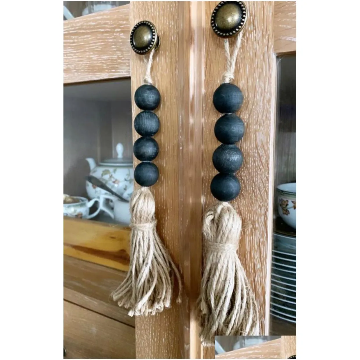 tassle farmhouse beads natural wood bead garland modern farmhouse bead garland bohemian drawer knob decor with jute tassel m2998