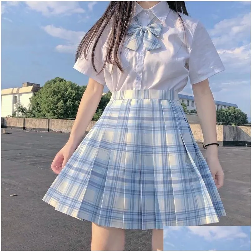 clothing sets japanese school girls high waist pleated skirts blue plaid women dress long/short sleeve jk uniform