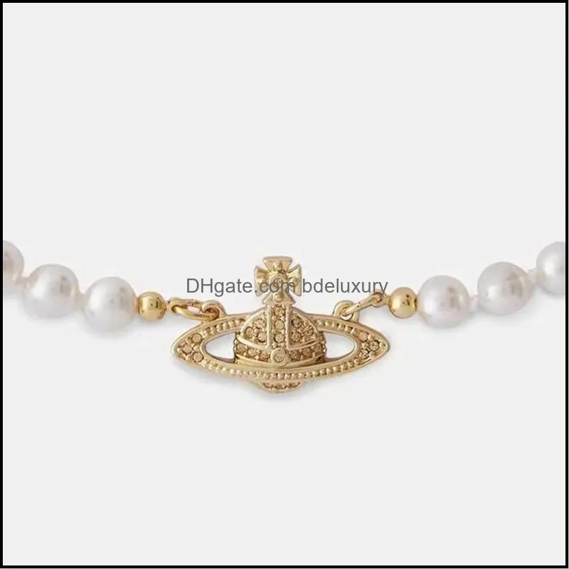 fashion designer vivian west queen pearl saturn full diamond necklace classic womens jewelry versatile clavicle lobster clasp chain