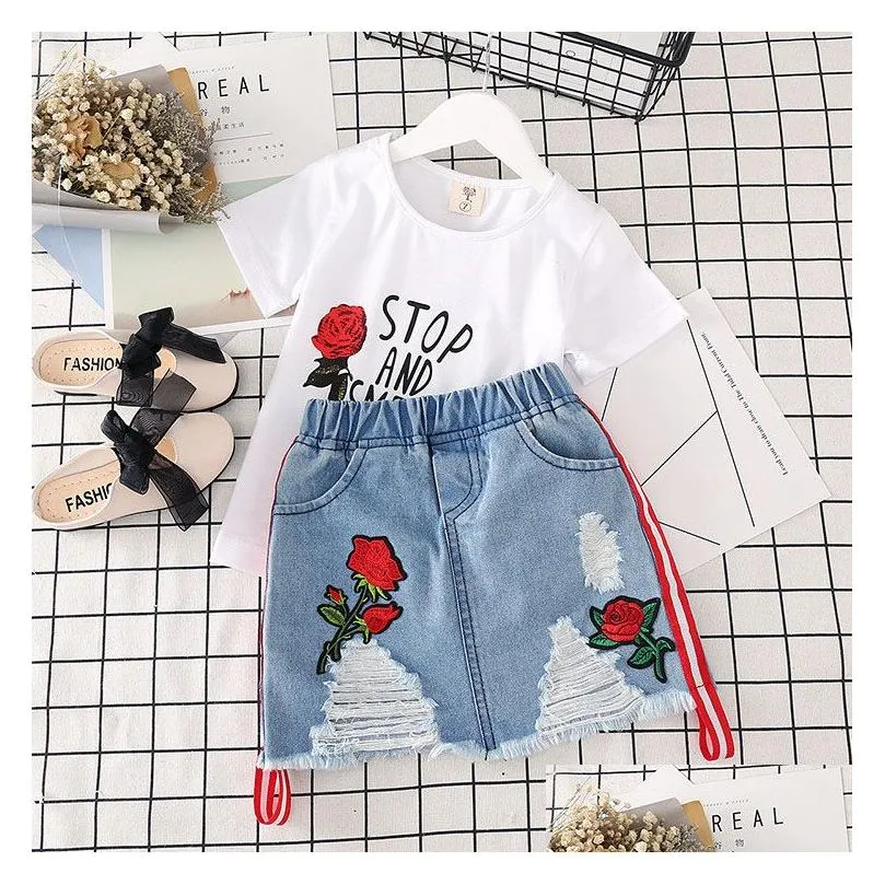 kids designer clothes girls outfits children rose embroidered topaddhole denim skirts 2pcs/set 2021 summer boutique baby clothing sets