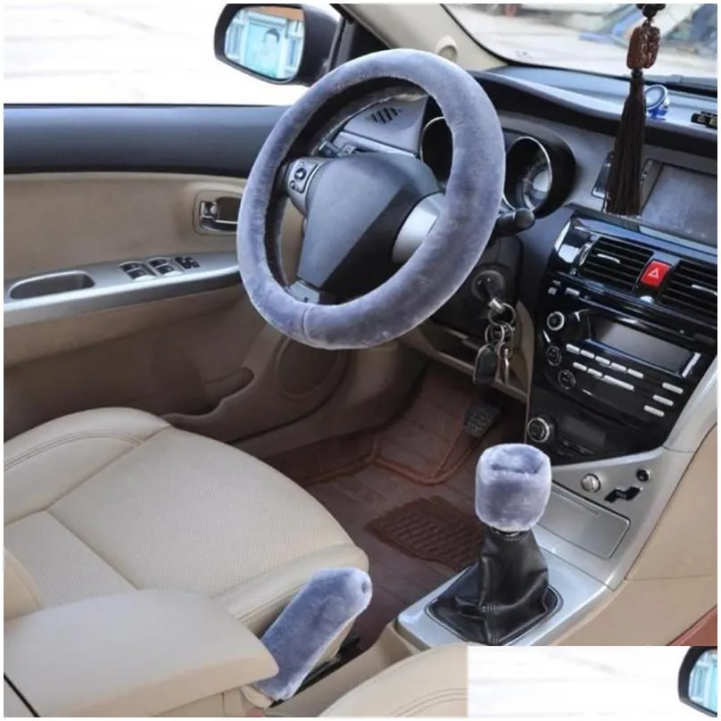 steering wheel covers 3pcs/set car auto winter soft cover handbrake shift knob covers/warm super thick plush gearshift collarsteering
